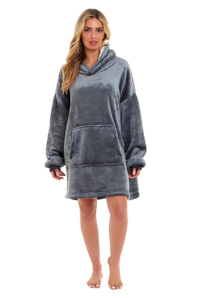 OLIVIA ROCCO Oversized Hooded Blanket Reversible Sherpa Fleece Grey And Pink For Adults - Joe’s Haven