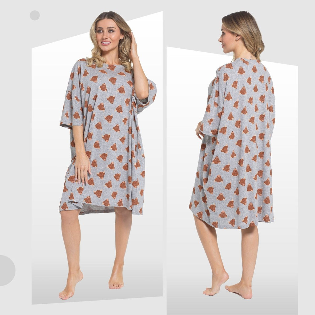 OLIVIA ROCCO Ladies Highland Cow Cream Baggy Nightdress Oversized T Shirt Nightshirt 100% Cotton Super Soft Cosy Home Loungewear - Joe’s Haven