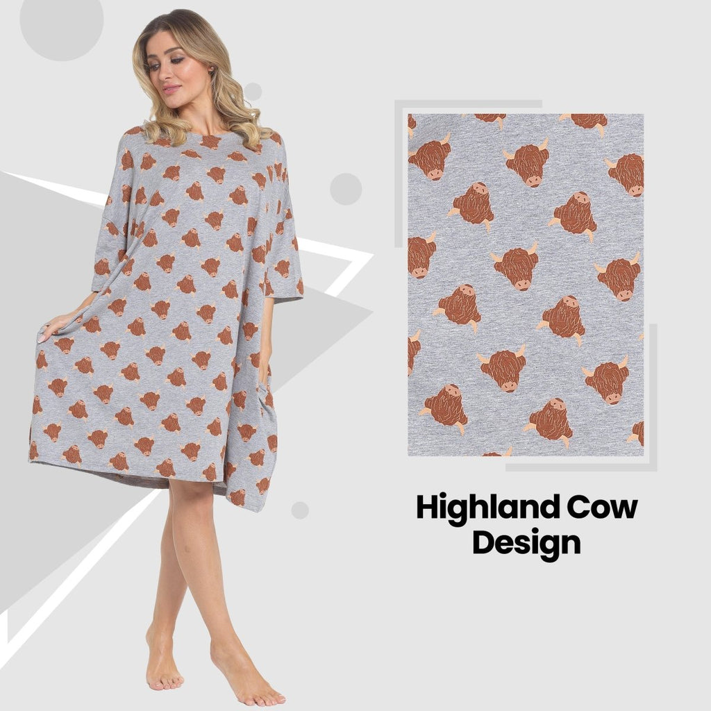OLIVIA ROCCO Ladies Highland Cow Cream Baggy Nightdress Oversized T Shirt Nightshirt 100% Cotton Super Soft Cosy Home Loungewear - Joe’s Haven