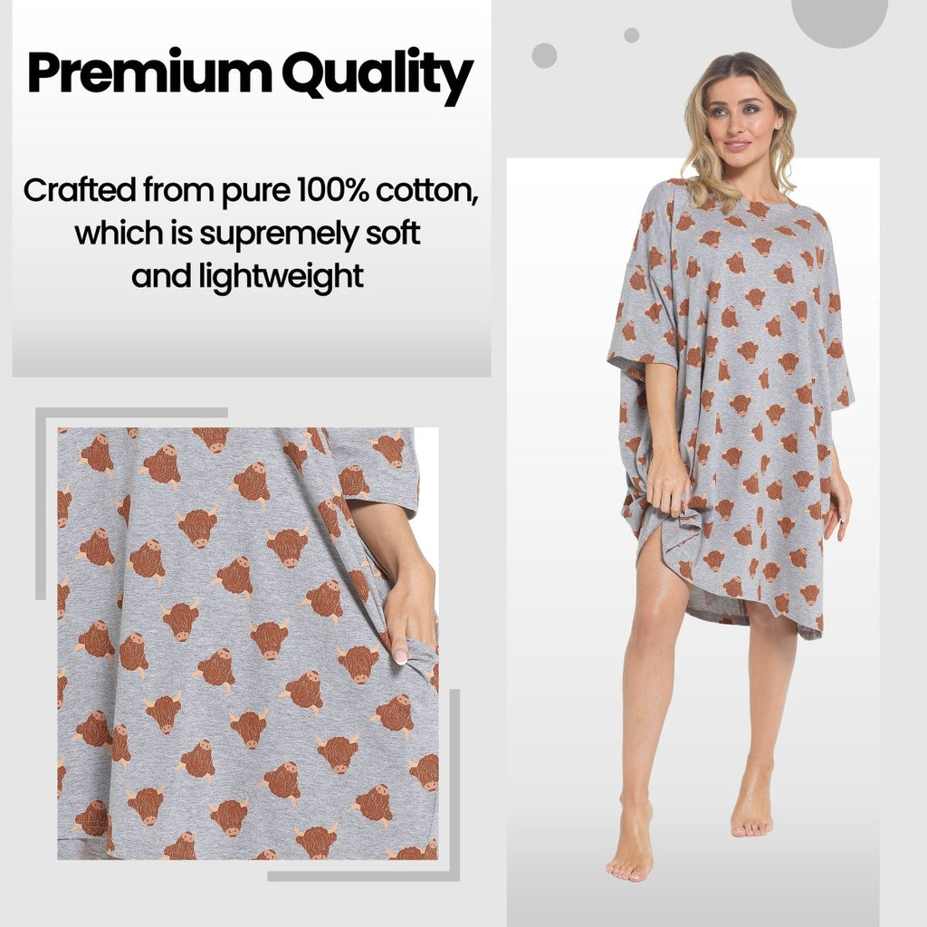 OLIVIA ROCCO Ladies Highland Cow Cream Baggy Nightdress Oversized T Shirt Nightshirt 100% Cotton Super Soft Cosy Home Loungewear - Joe’s Haven