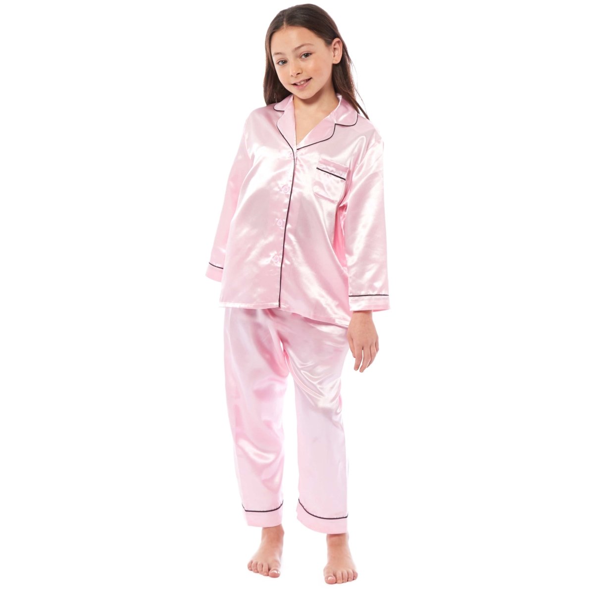 OLIVIA ROCCO Girls Satin Silk Long Sleeve Pyjama Set Black Pink Grey 5 - 14 Button Down - Joe’s Haven