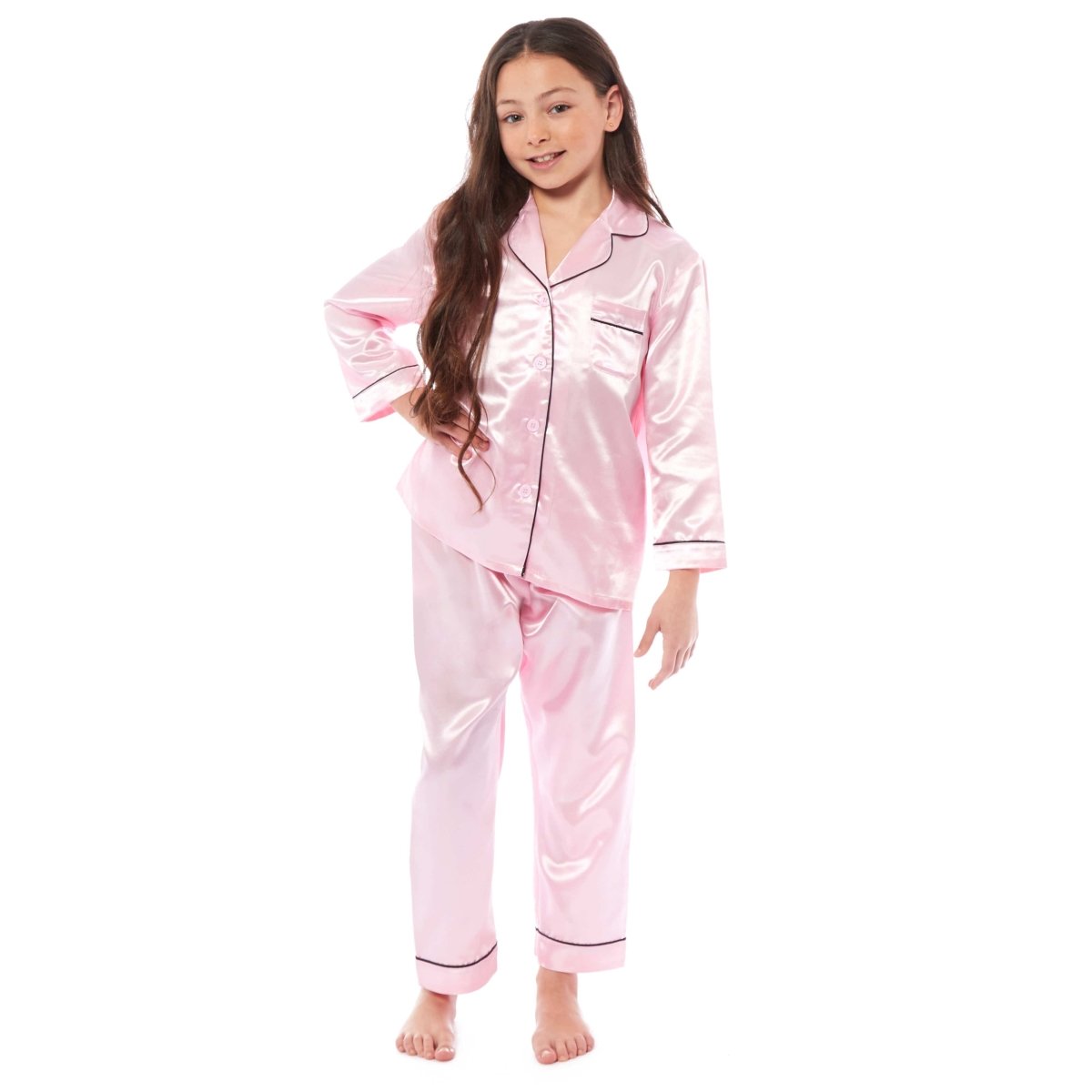 OLIVIA ROCCO Girls Satin Silk Long Sleeve Pyjama Set Black Pink Grey 5 - 14 Button Down - Joe’s Haven