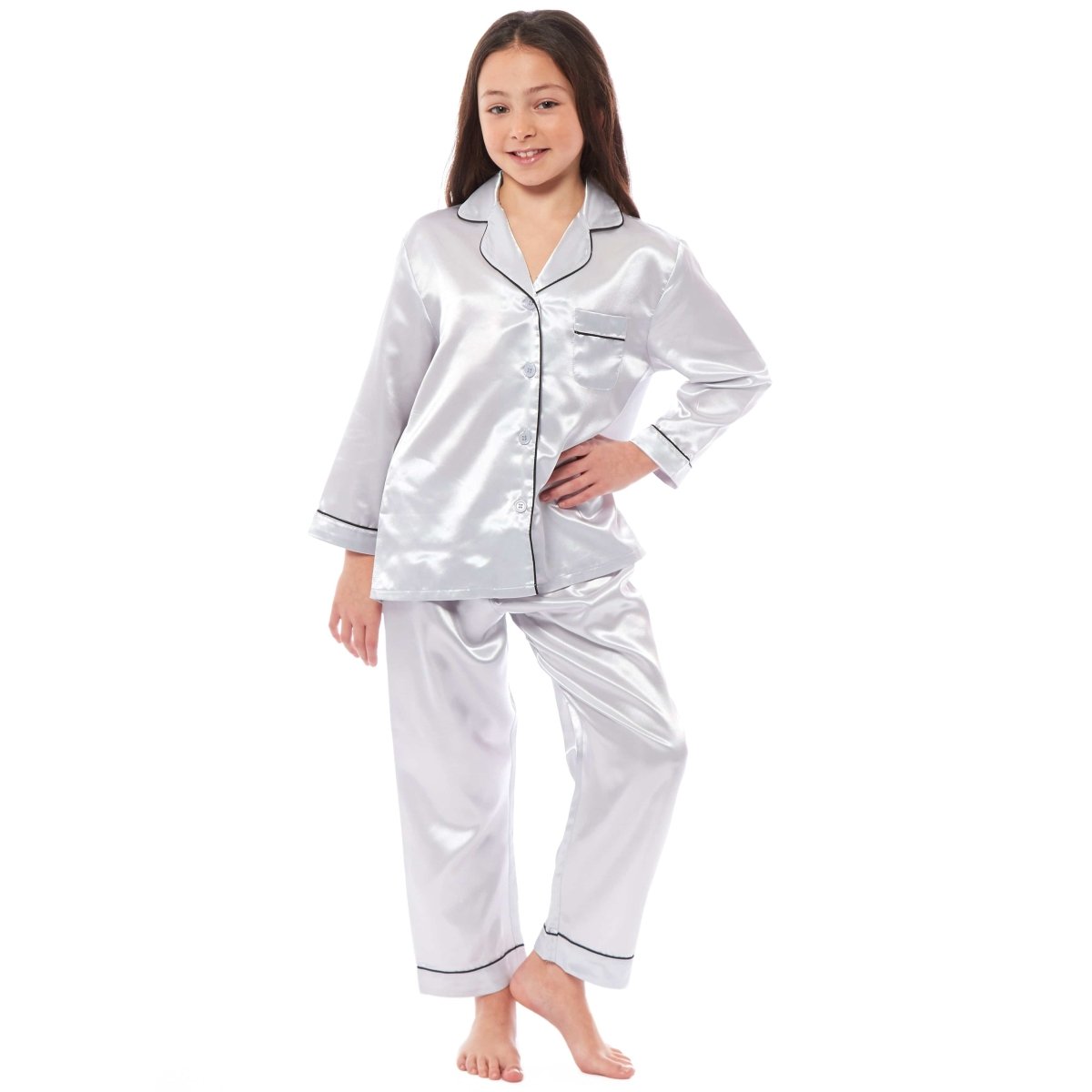 OLIVIA ROCCO Girls Satin Silk Long Sleeve Pyjama Set Black Pink Grey 5 - 14 Button Down - Joe’s Haven