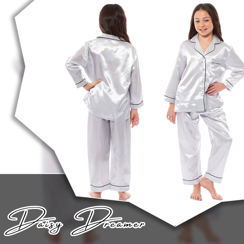 OLIVIA ROCCO Girls Satin Silk Long Sleeve Pyjama Set Black Pink Grey 5 - 14 Button Down - Joe’s Haven