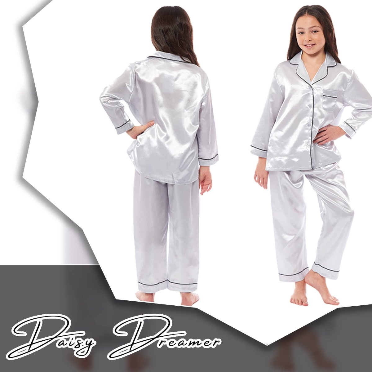 OLIVIA ROCCO Girls Satin Silk Long Sleeve Pyjama Set Black Pink Grey 5 - 14 Button Down - Joe’s Haven