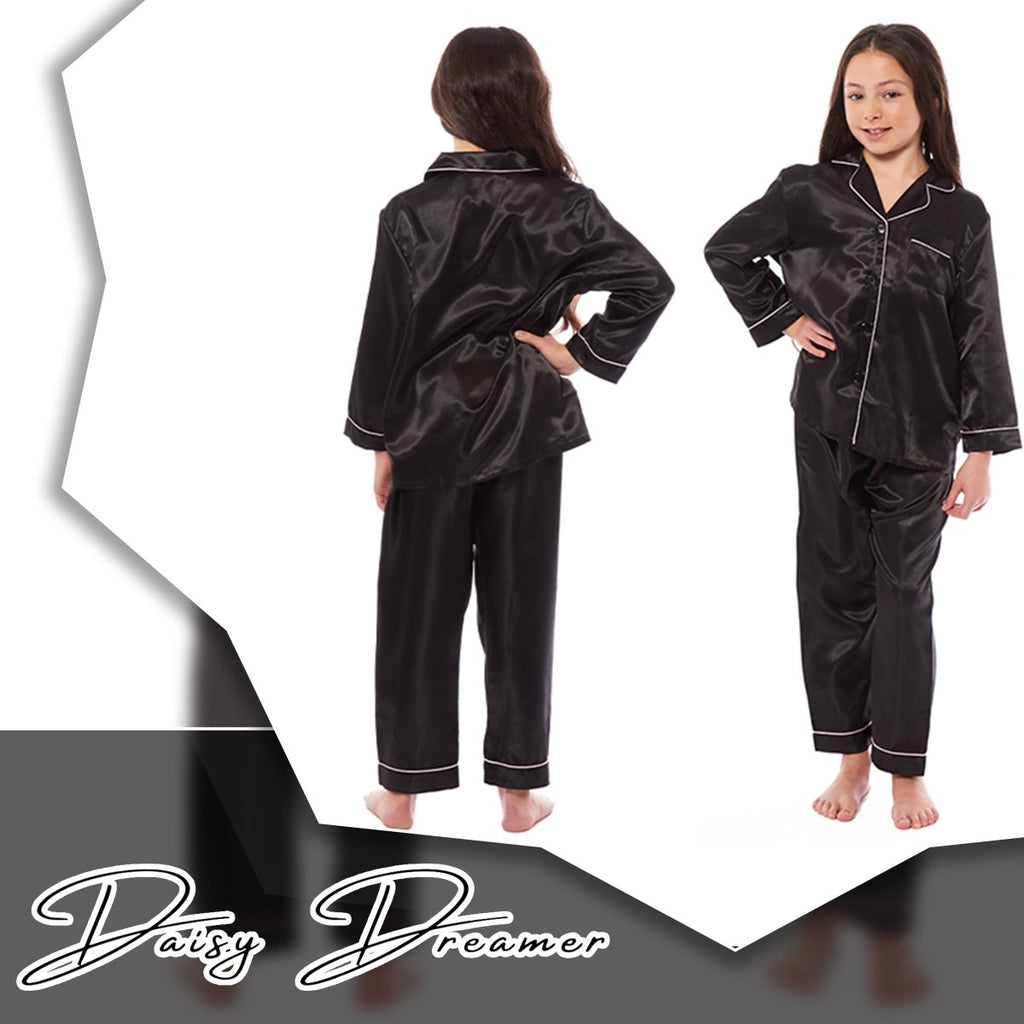 OLIVIA ROCCO Girls Satin Silk Long Sleeve Pyjama Set Black Pink Grey 5 - 14 Button Down - Joe’s Haven