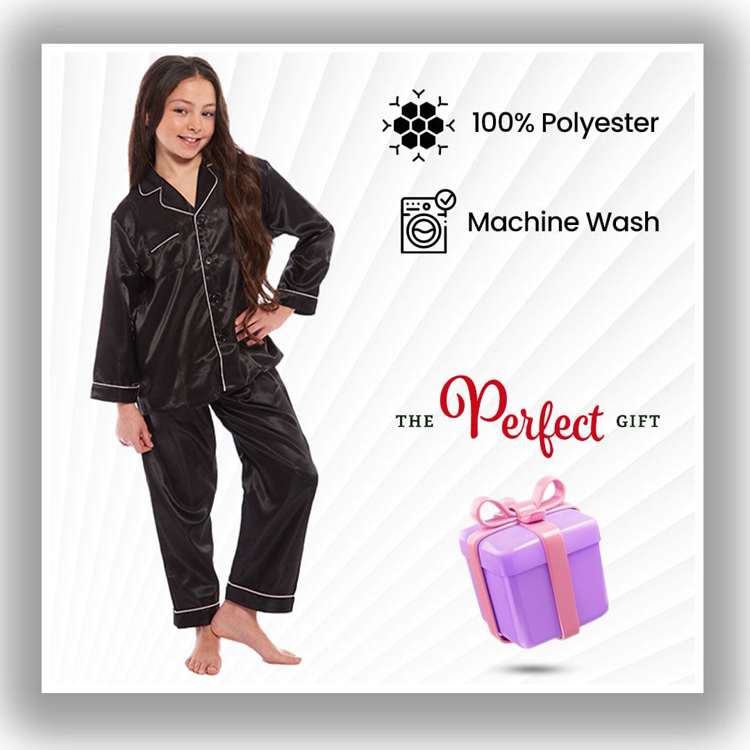 OLIVIA ROCCO Girls Satin Silk Long Sleeve Pyjama Set Black Pink Grey 5 - 14 Button Down - Joe’s Haven