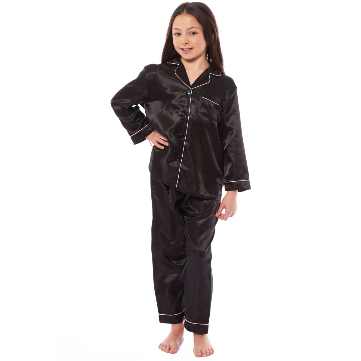 OLIVIA ROCCO Girls Satin Silk Long Sleeve Pyjama Set Black Pink Grey 5 - 14 Button Down - Joe’s Haven