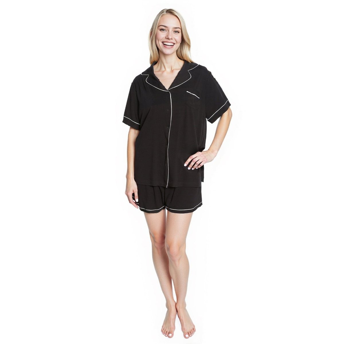 OLIVIA ROCCO Women Black Short Pyjama Set Super Soft Sleepwear With Button Up Top - Joe’s Haven