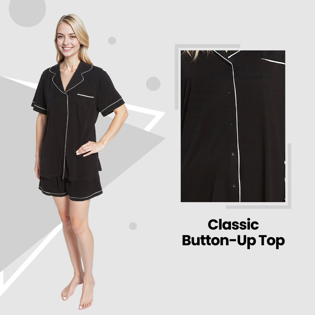 OLIVIA ROCCO Women Black Short Pyjama Set Super Soft Sleepwear With Button Up Top - Joe’s Haven