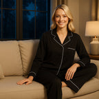OLIVIA ROCCO Women's Black Pyjama Set Soft Touch Long Sleeve Button Up Top and Bottoms - Joe’s Haven