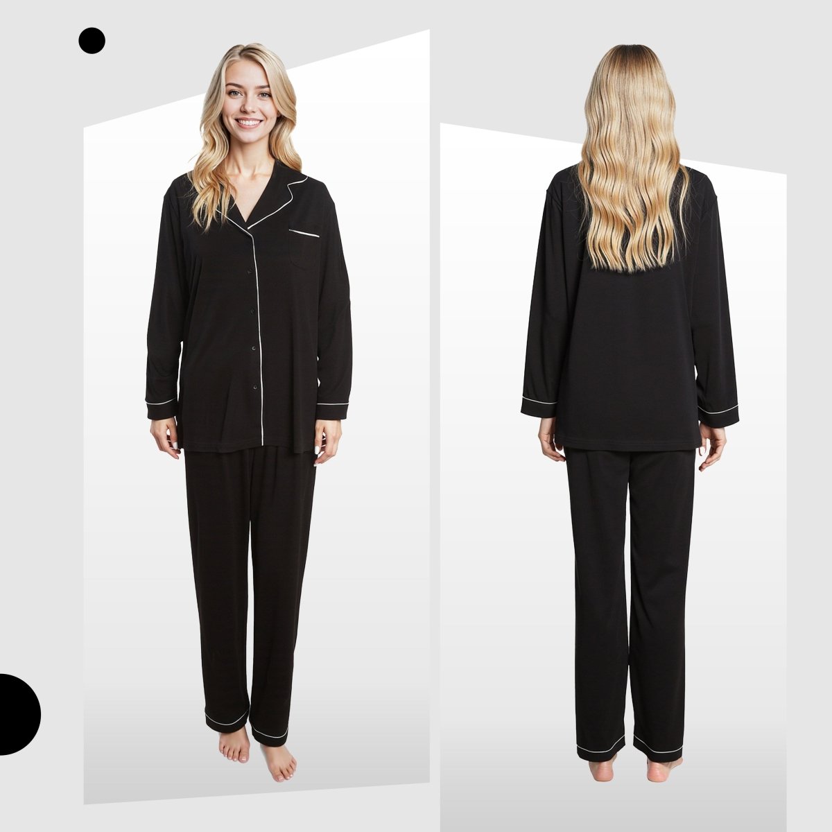 OLIVIA ROCCO Women's Black Pyjama Set Soft Touch Long Sleeve Button Up Top and Bottoms - Joe’s Haven