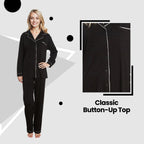 OLIVIA ROCCO Women's Black Pyjama Set Soft Touch Long Sleeve Button Up Top and Bottoms - Joe’s Haven
