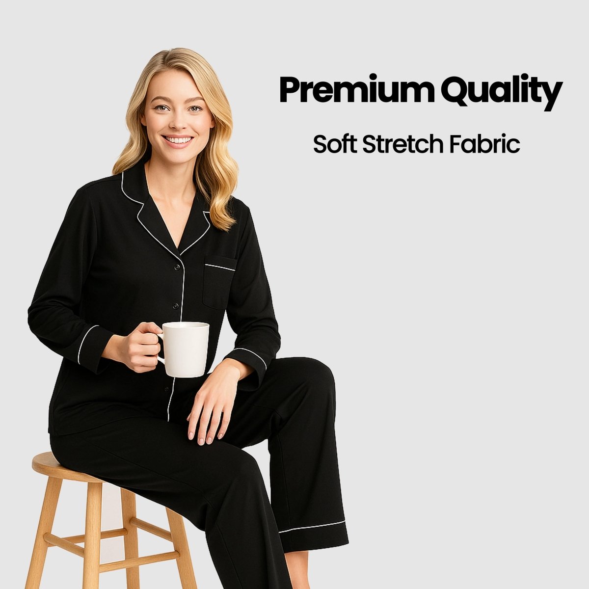 OLIVIA ROCCO Women's Black Pyjama Set Soft Touch Long Sleeve Button Up Top and Bottoms - Joe’s Haven