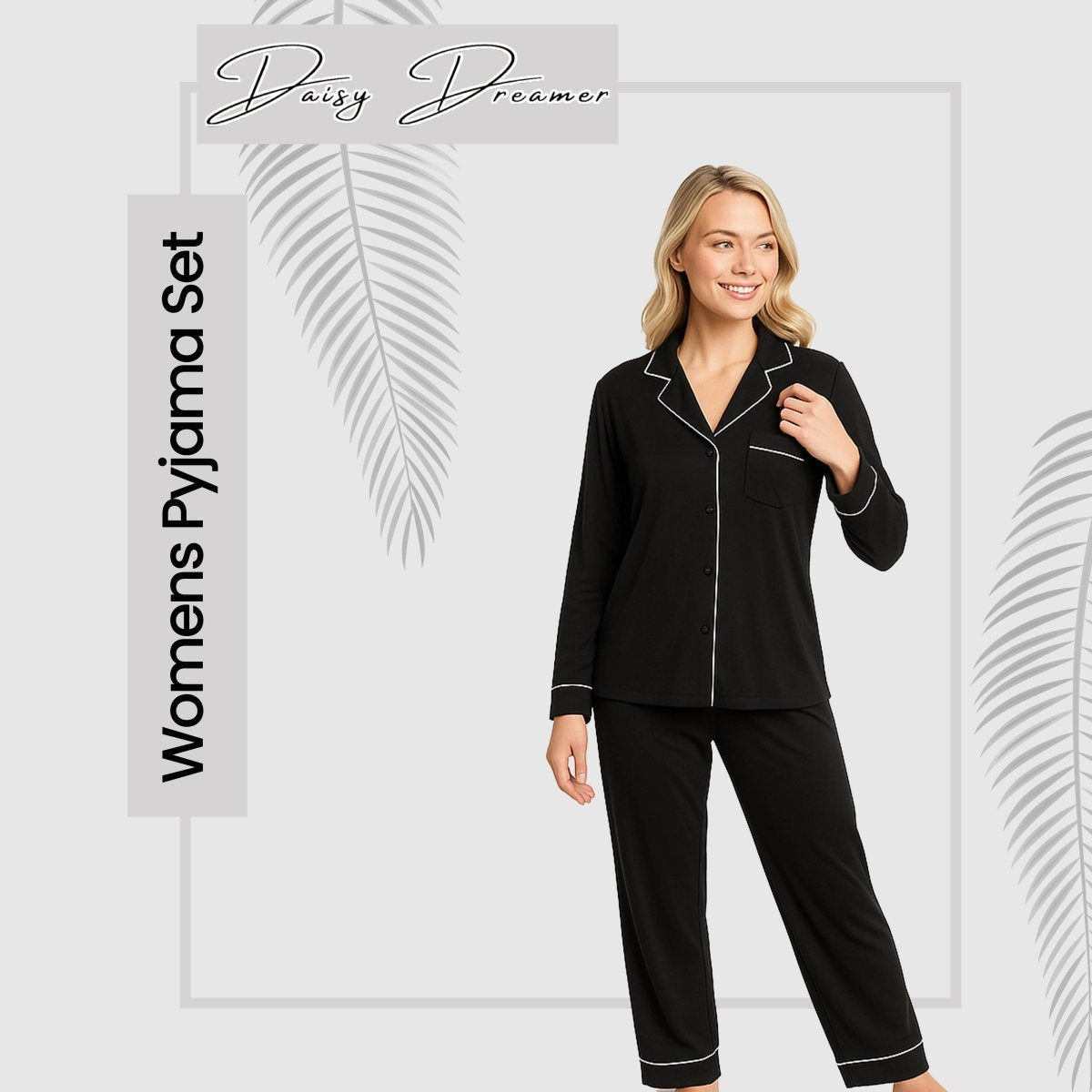 OLIVIA ROCCO Women's Black Pyjama Set Soft Touch Long Sleeve Button Up Top and Bottoms - Joe’s Haven