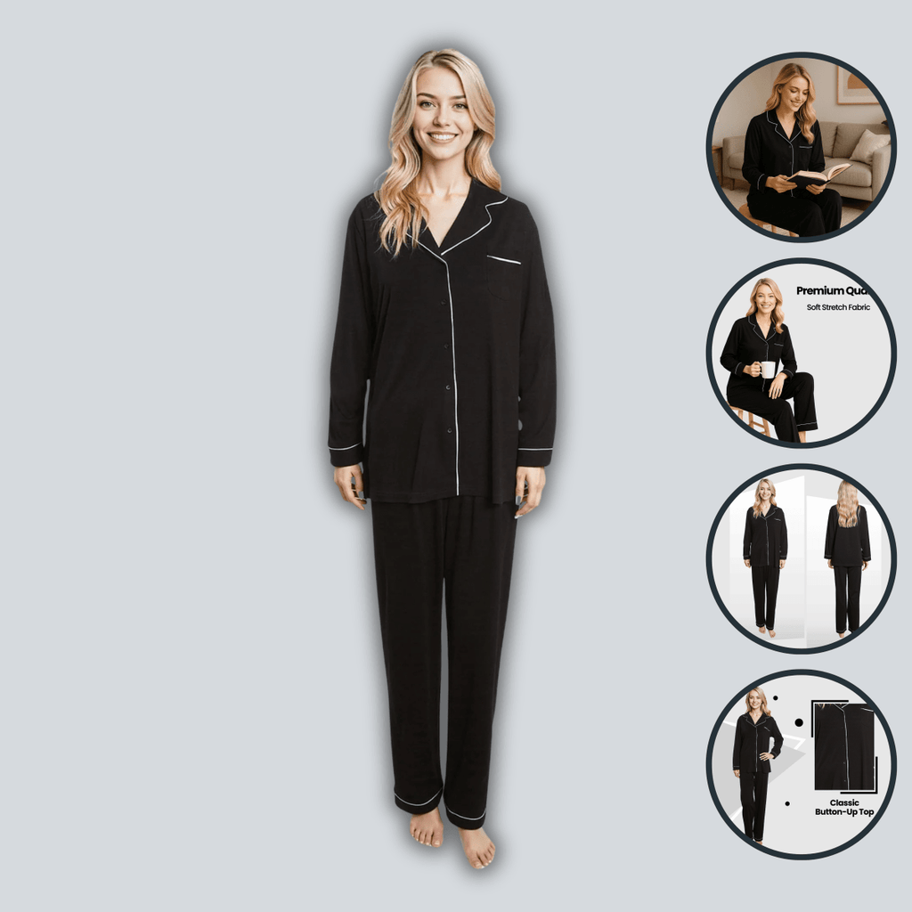 OLIVIA ROCCO Women's Black Pyjama Set Soft Touch Long Sleeve Button Up Top and Bottoms - Joe’s Haven