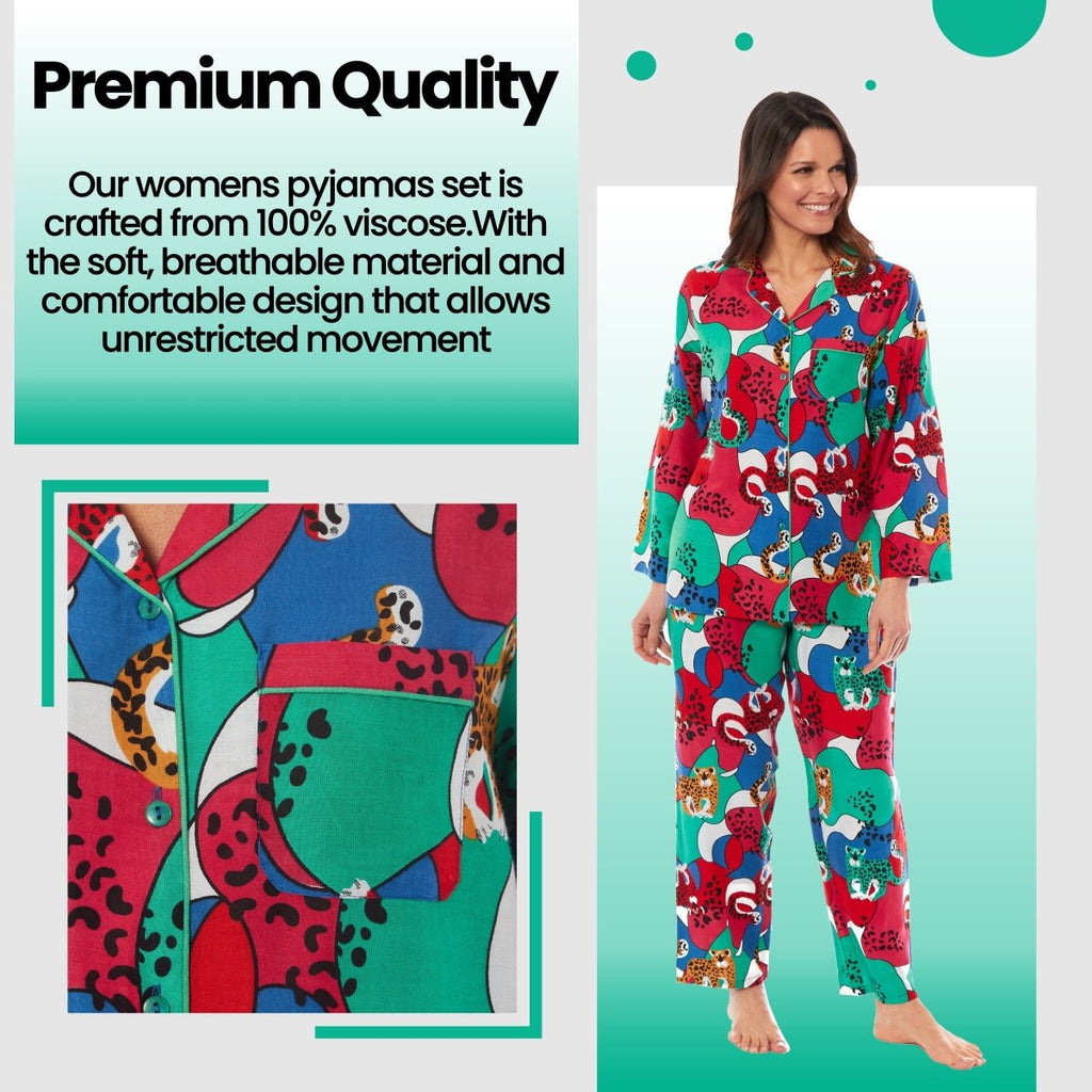 OLIVIA ROCCO Leopard Print Button Up Pyjama Set in Soft Breathable Viscose Sleepwear - Joe’s Haven