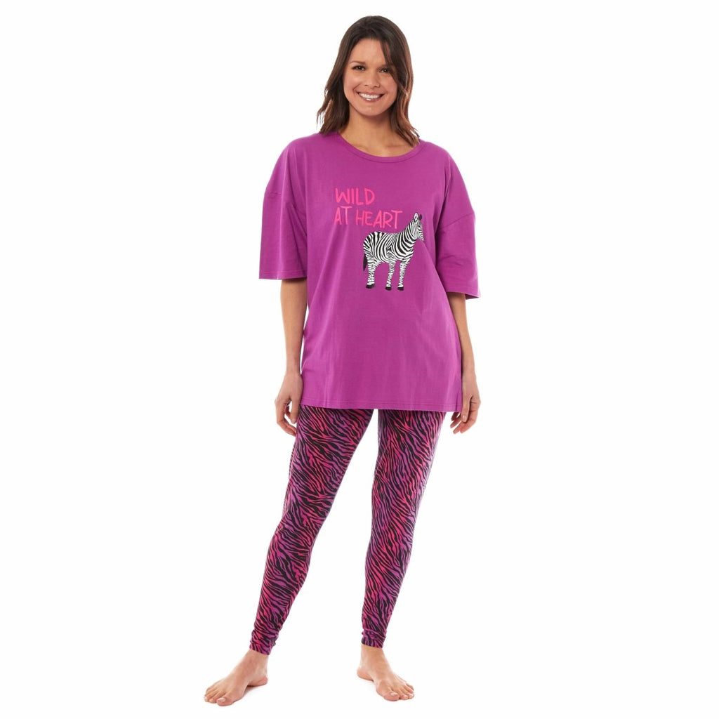 OLIVIA ROCCO Ladies Oversized Cotton T Shirt And Leggings PJ Set With Giraffe And Zebra - Joe’s Haven