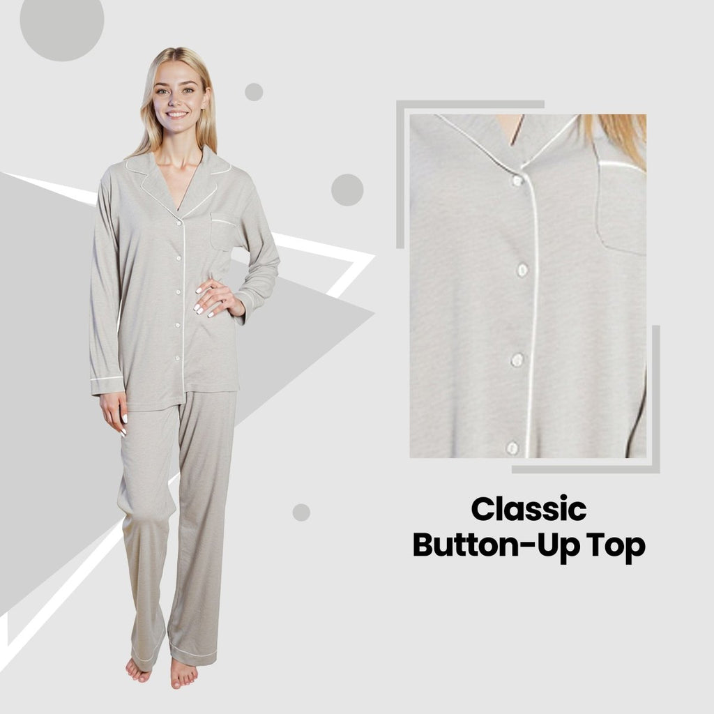 OLIVIA ROCCO Womens Grey Pyjama Set Soft Touch Long Sleeve Button Up Top Super Soft Cosy Home Loungewear - Joe’s Haven