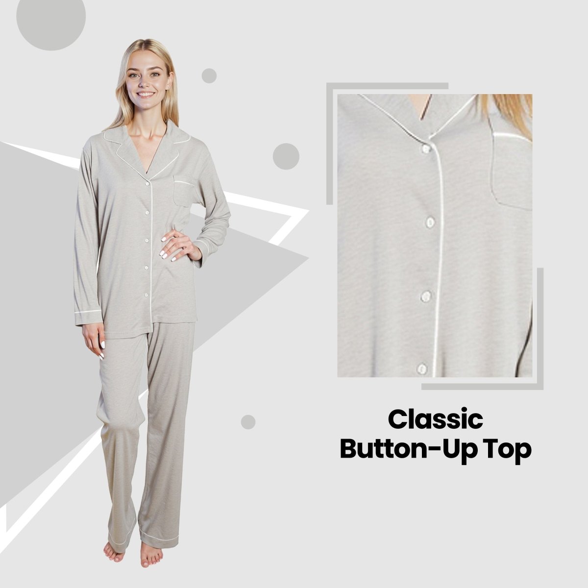 OLIVIA ROCCO Womens Grey Pyjama Set Soft Touch Long Sleeve Button Up Top Super Soft Cosy Home Loungewear - Joe’s Haven