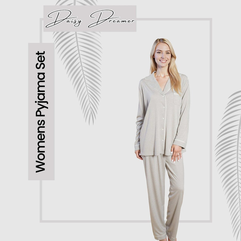 OLIVIA ROCCO Womens Grey Pyjama Set Soft Touch Long Sleeve Button Up Top Super Soft Cosy Home Loungewear - Joe’s Haven