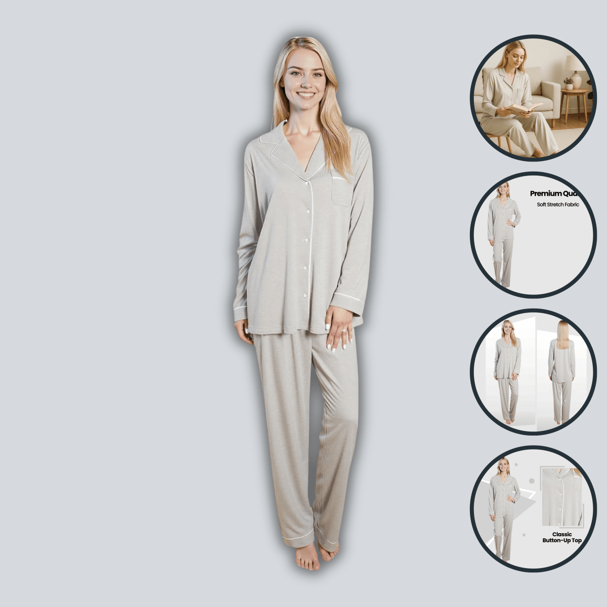 OLIVIA ROCCO Womens Grey Pyjama Set Soft Touch Long Sleeve Button Up Top Super Soft Cosy Home Loungewear - Joe’s Haven