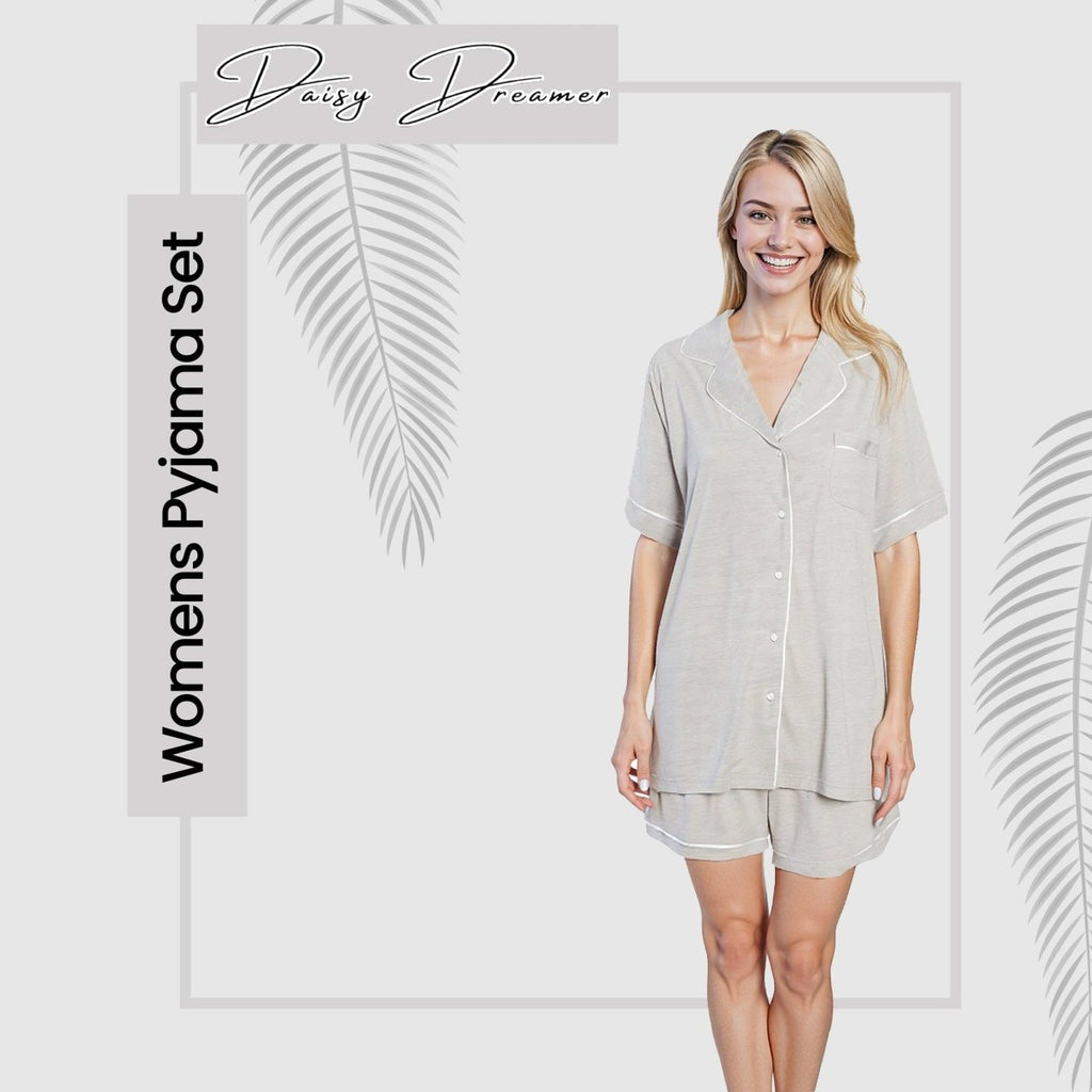 OLIVIA ROCCO Womens Grey Short Pyjama Set Button Up Top and Shorts with Pockets Cosy Easy - Care Nightwear Set - Joe’s Haven