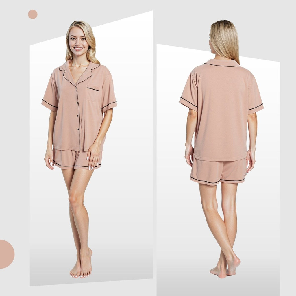 OLIVIA ROCCO Women's Natural Short Pyjama Set Button Up Top And Shorts With Pockets - Joe’s Haven