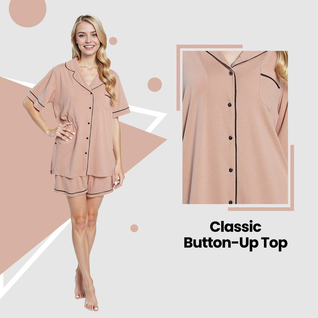 OLIVIA ROCCO Women's Natural Short Pyjama Set Button Up Top And Shorts With Pockets - Joe’s Haven