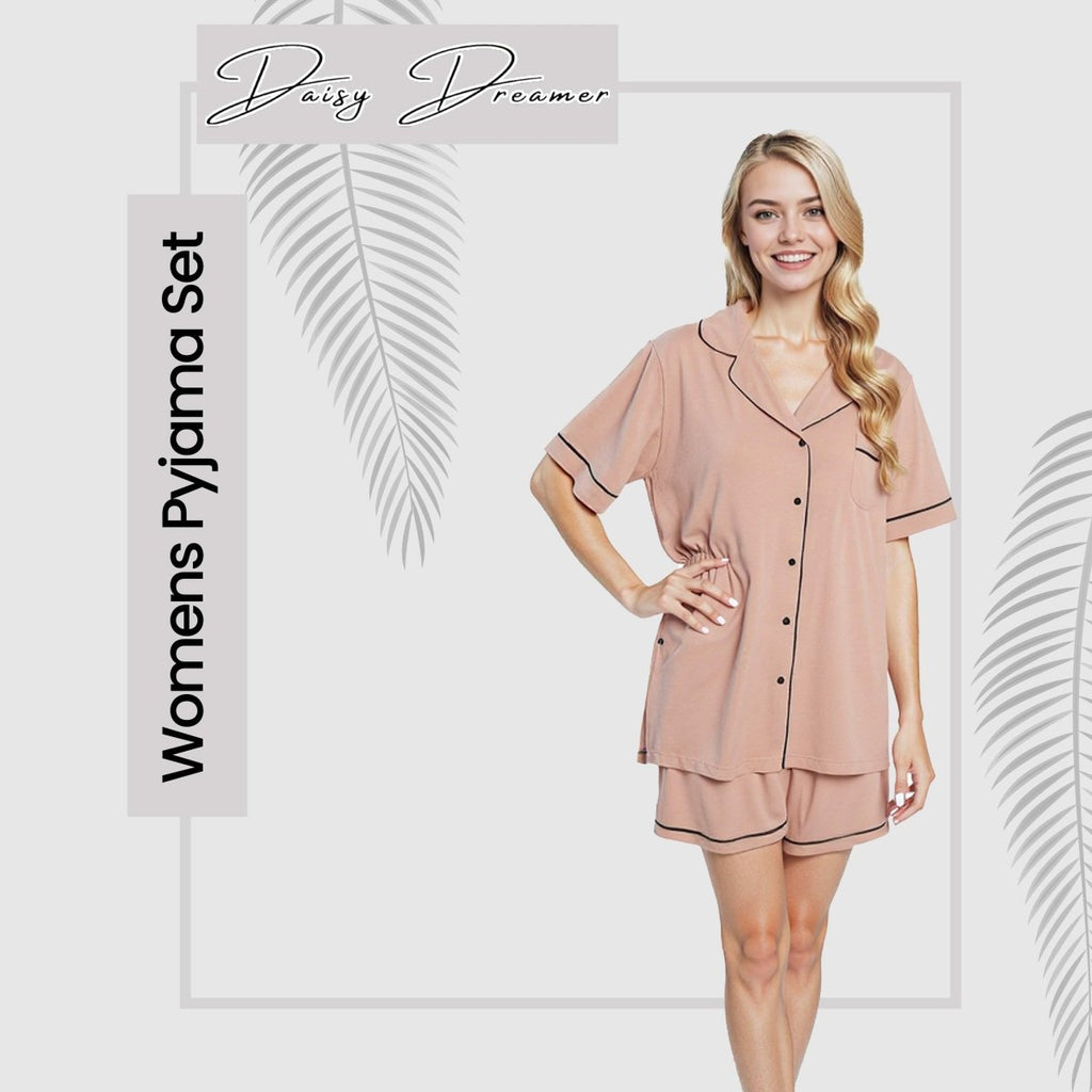 OLIVIA ROCCO Women's Natural Short Pyjama Set Button Up Top And Shorts With Pockets - Joe’s Haven