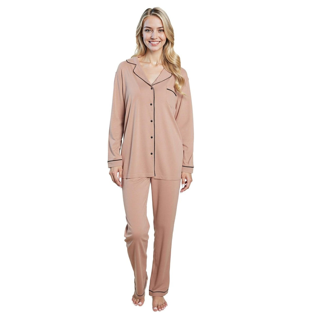 OLIVIA ROCCO Women's Pyjama Set Natural Soft Touch Long Sleeve Button - Up Top and Bottoms - Joe’s Haven
