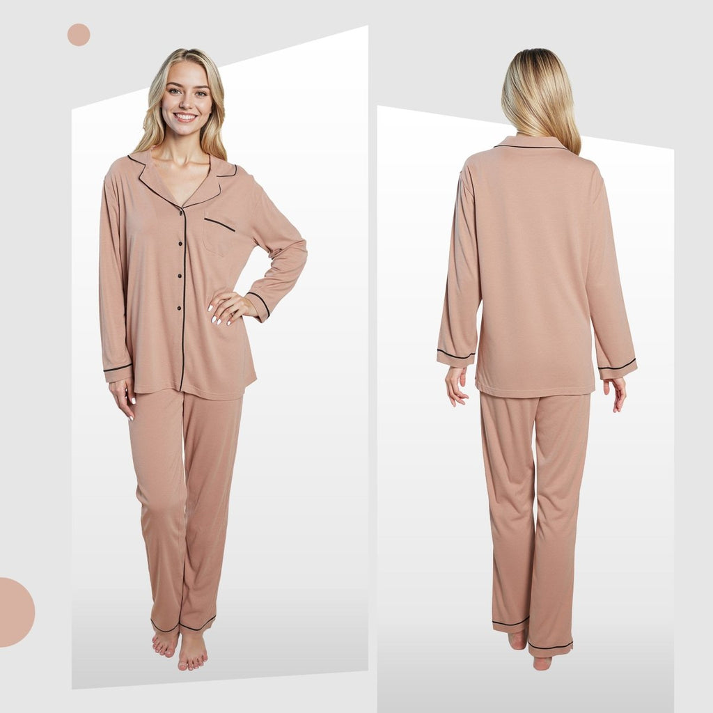 OLIVIA ROCCO Women's Pyjama Set Natural Soft Touch Long Sleeve Button - Up Top and Bottoms - Joe’s Haven