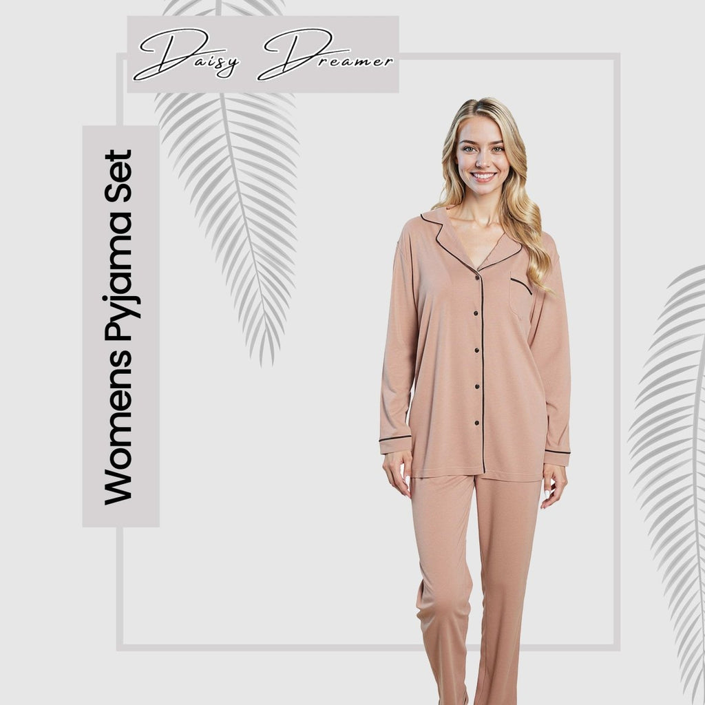 OLIVIA ROCCO Women's Pyjama Set Natural Soft Touch Long Sleeve Button - Up Top and Bottoms - Joe’s Haven