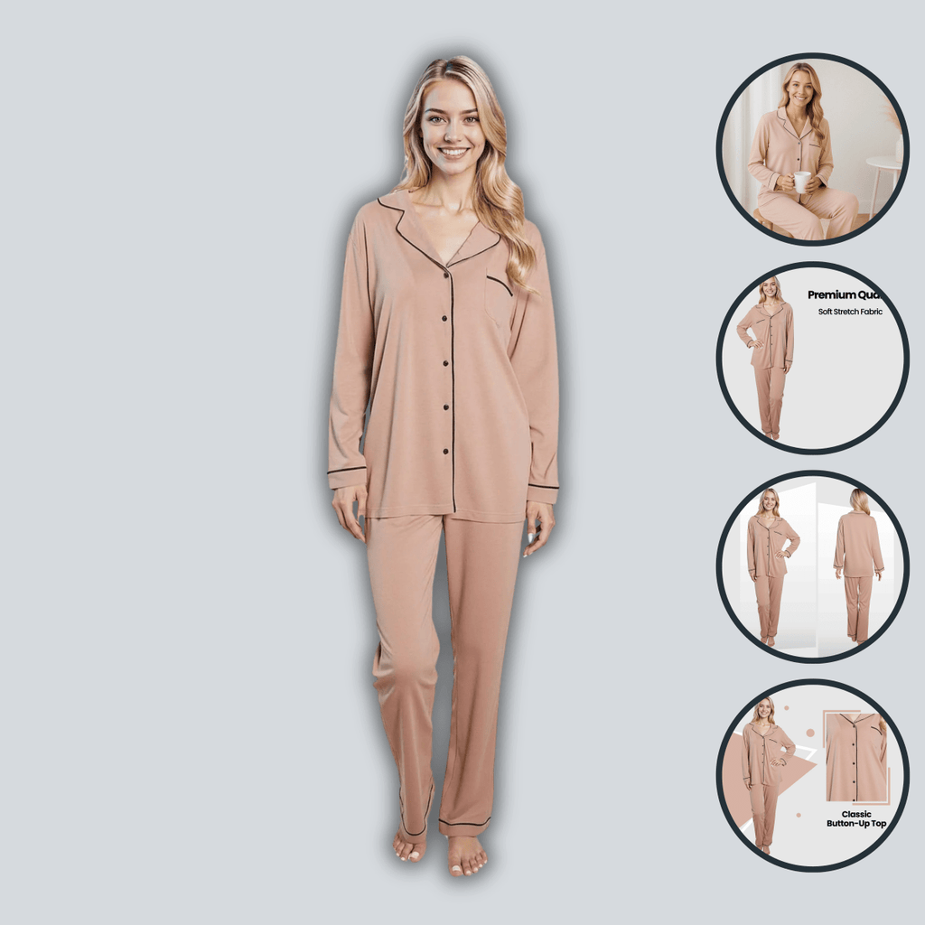 OLIVIA ROCCO Women's Pyjama Set Natural Soft Touch Long Sleeve Button - Up Top and Bottoms - Joe’s Haven