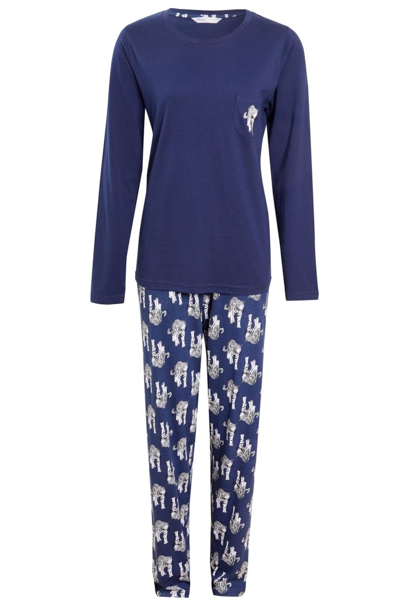 OLIVIA ROCCO Navy Tiger Print Pyjama Set For Women 100% Soft Cotton Relaxed Fit Nightwear - Joe’s Haven