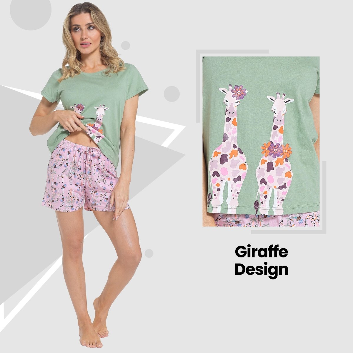OLIVIA ROCCO Giraffe Pyjama Set for Women T Shirt and Shorts Soft Cotton Loungewear - Joe’s Haven