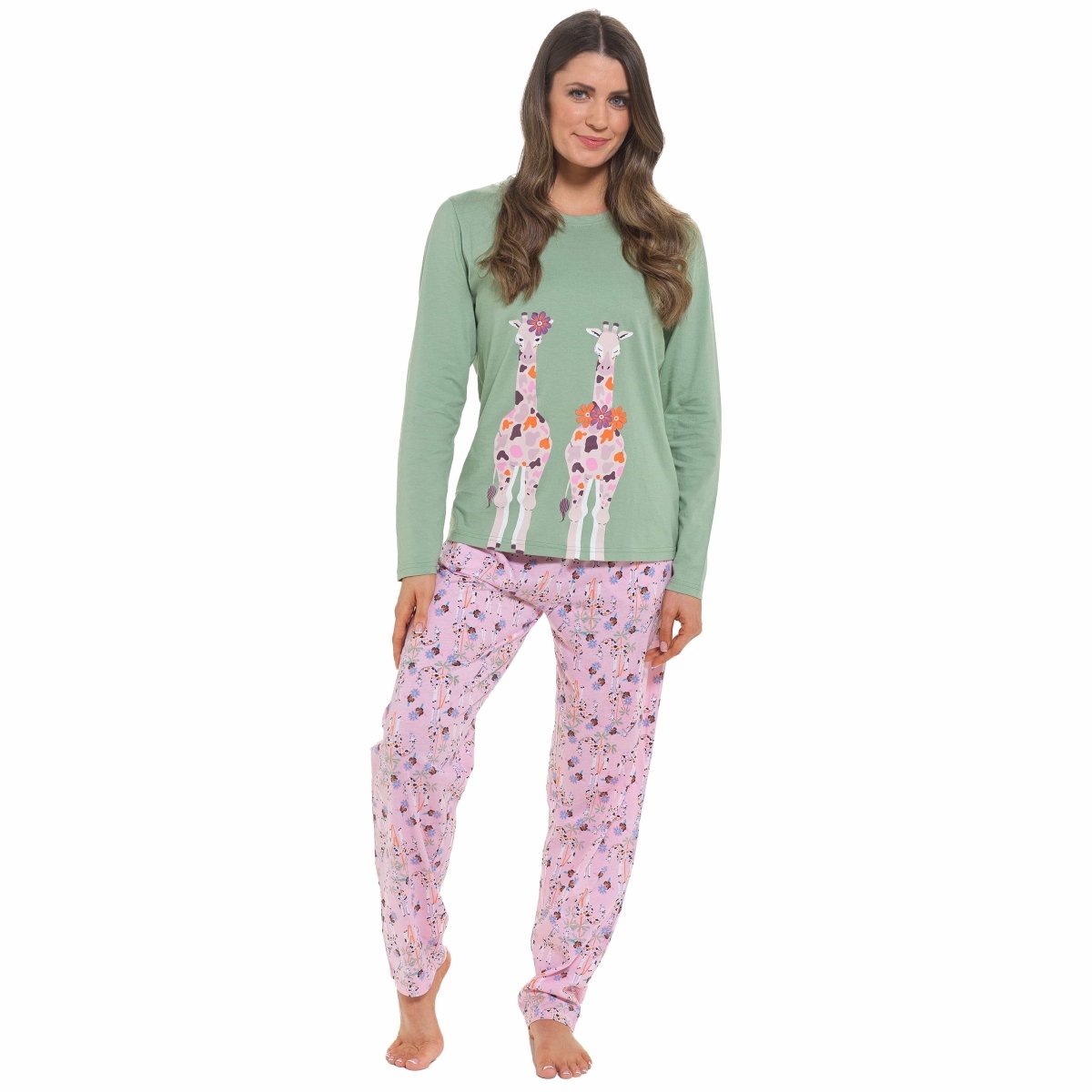 OLIVIA ROCCO Women's Giraffe Print Cotton Jersey Long Sleeve Pyjama Set Soft Sleepwear - Joe’s Haven