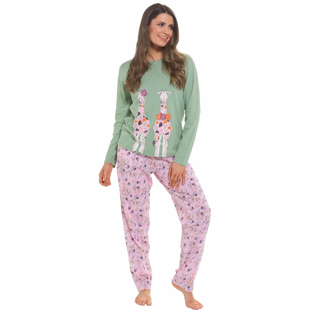OLIVIA ROCCO Women's Giraffe Print Cotton Jersey Long Sleeve Pyjama Set Soft Sleepwear - Joe’s Haven