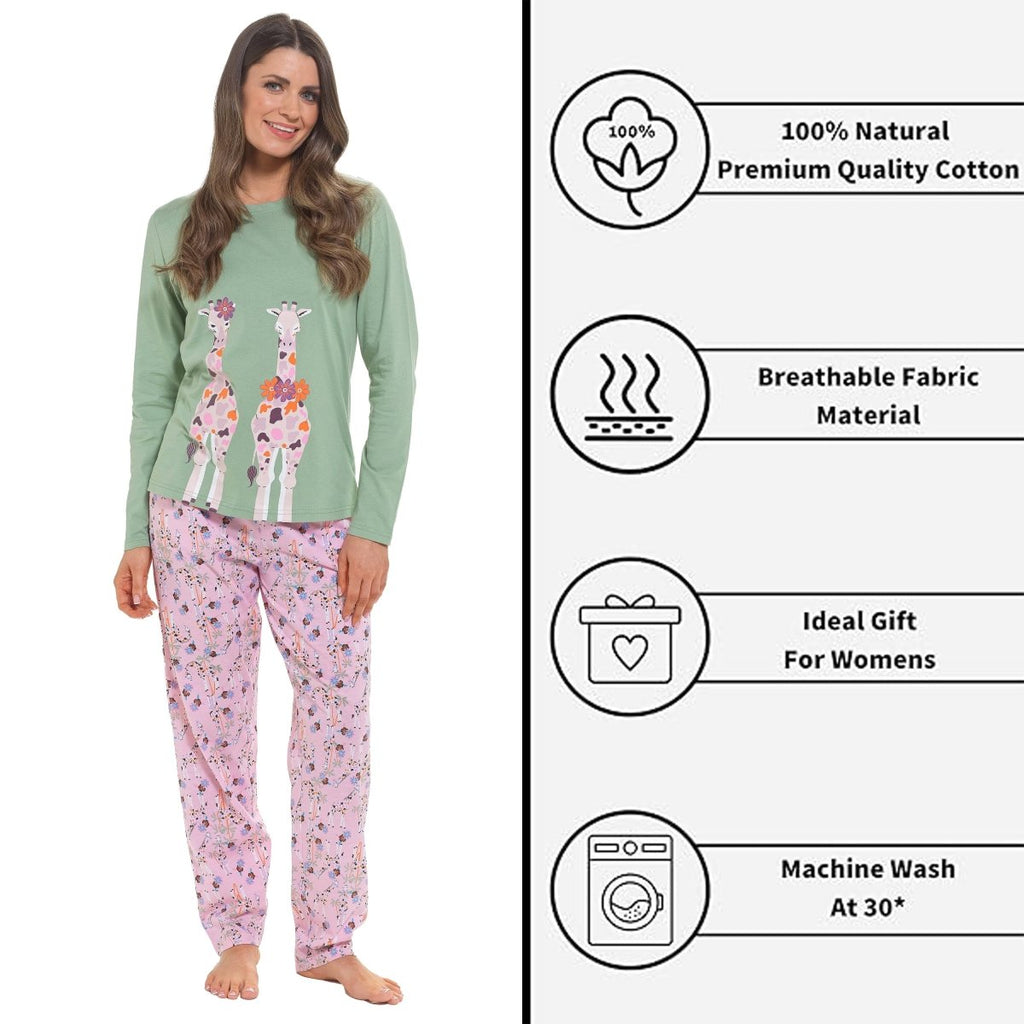 OLIVIA ROCCO Women's Giraffe Print Cotton Jersey Long Sleeve Pyjama Set Soft Sleepwear - Joe’s Haven