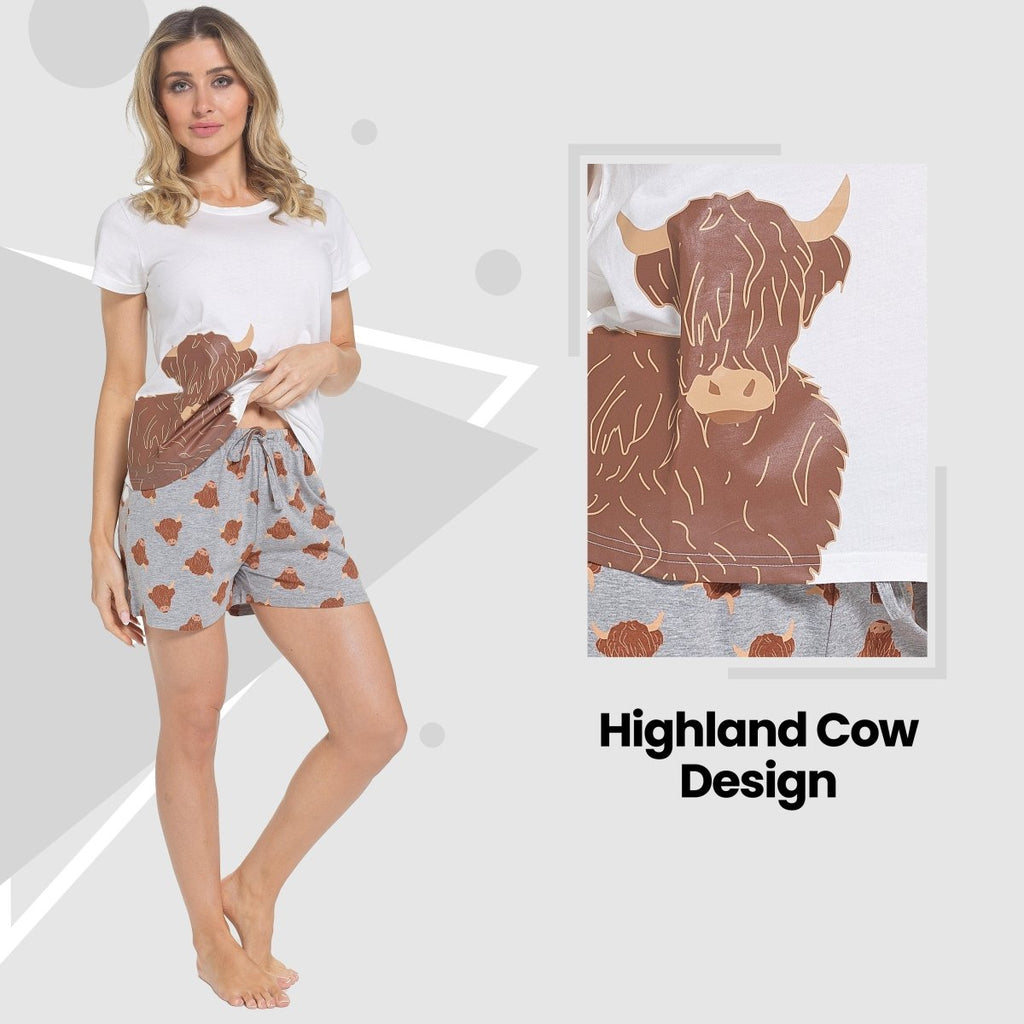 OLIVIA ROCCO Women's Highland Cow Pyjama Set T Shirt And Shorts PJs Soft Cotton Easy - Care Super Soft Sleep Set - Joe’s Haven