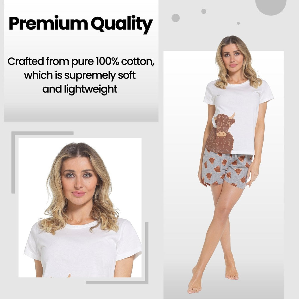 OLIVIA ROCCO Women's Highland Cow Pyjama Set T Shirt And Shorts PJs Soft Cotton Easy - Care Super Soft Sleep Set - Joe’s Haven