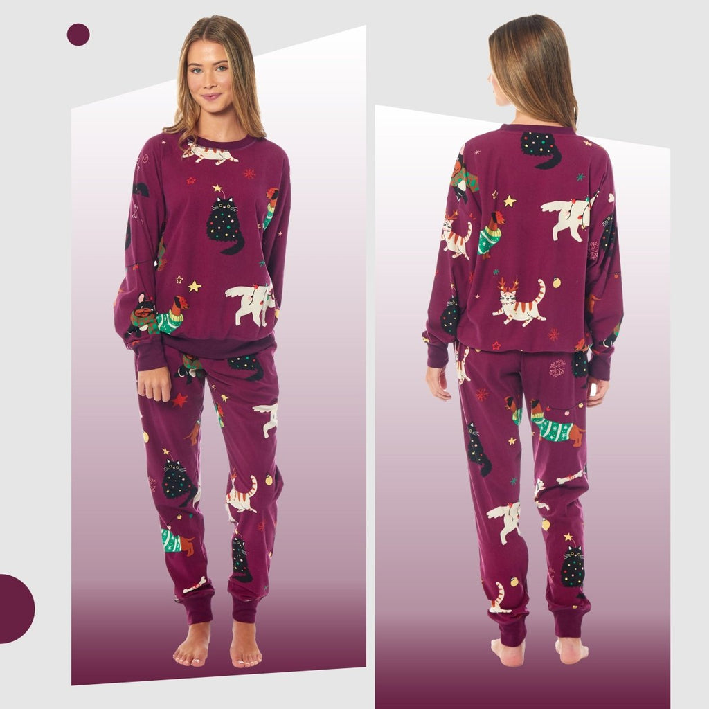 OLIVIA ROCCO Womens Cat And Dog Print Fleece Pyjama Set Long Sleeve Animal Print - Joe’s Haven