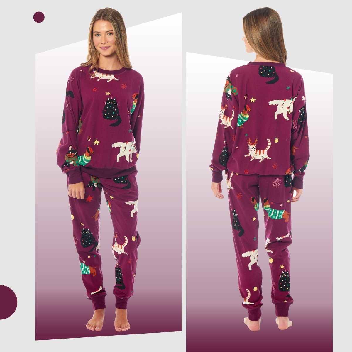 OLIVIA ROCCO Womens Cat And Dog Print Fleece Pyjama Set Long Sleeve Animal Print - Joe’s Haven
