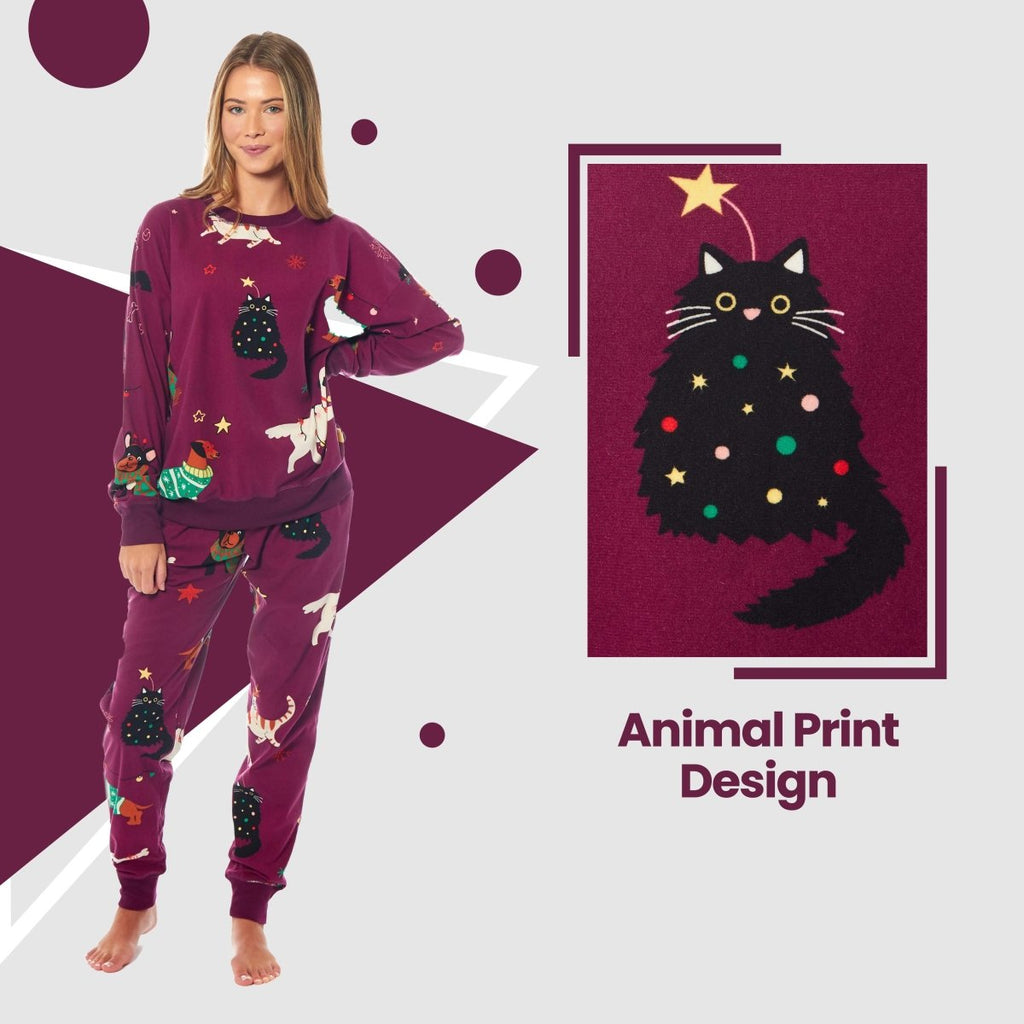 OLIVIA ROCCO Womens Cat And Dog Print Fleece Pyjama Set Long Sleeve Animal Print - Joe’s Haven