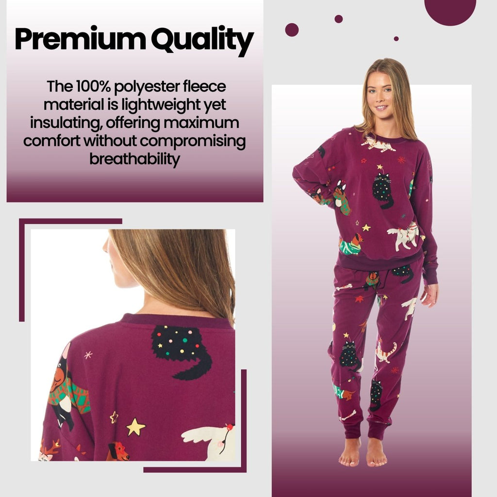 OLIVIA ROCCO Womens Cat And Dog Print Fleece Pyjama Set Long Sleeve Animal Print - Joe’s Haven