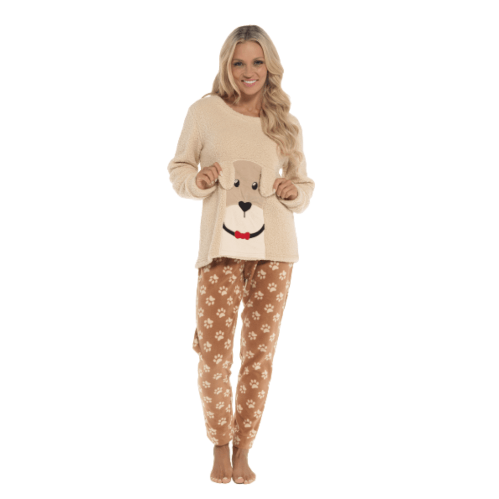 OLIVIA ROCCO Women's Fleece Pyjama Set Dog Snuggle Design Long Sleeve Top Patterned - Joe’s Haven