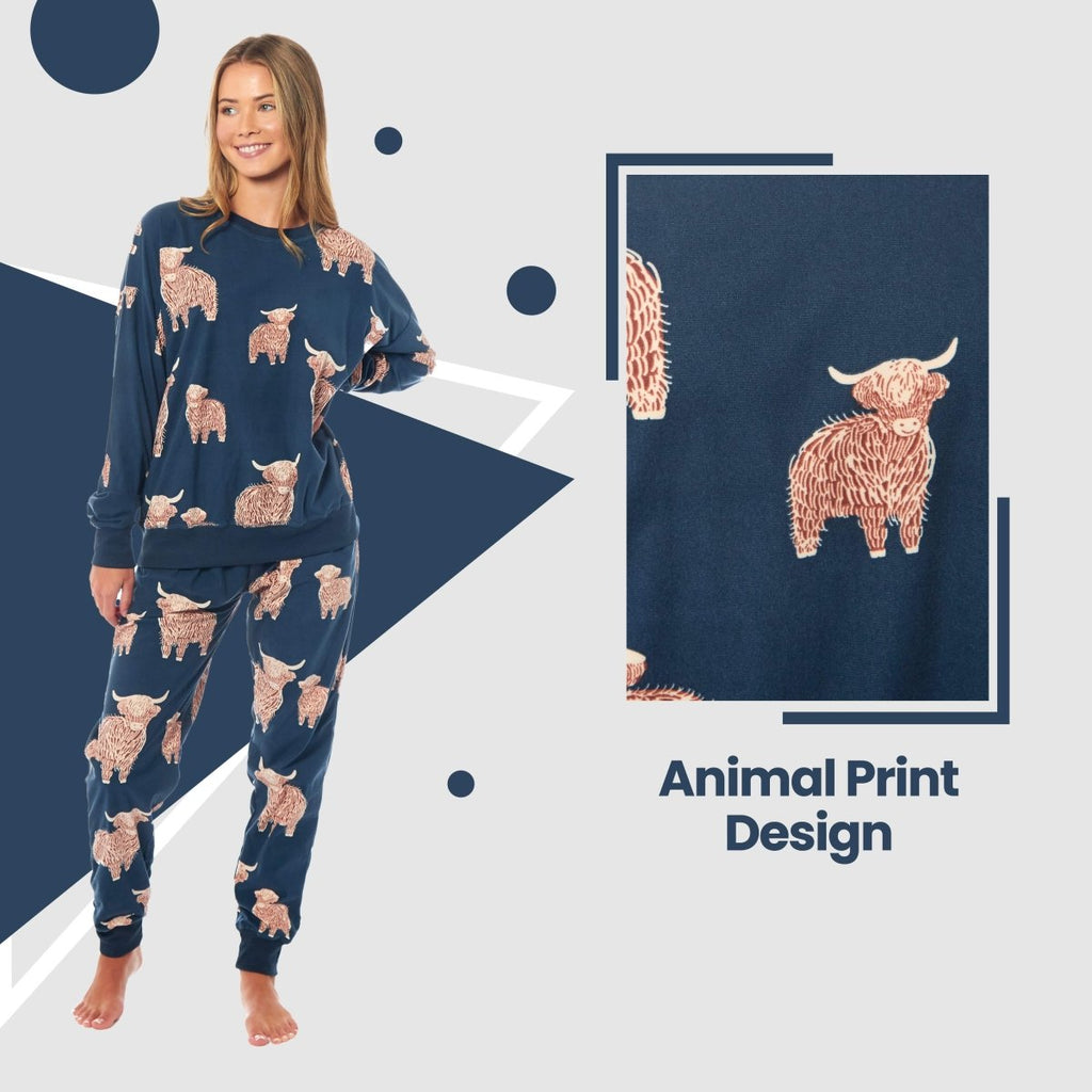 OLIVIA ROCCO Women's Fleece Pyjama Set Highland Cow Print Long Sleeve Soft Warm Sleepwear - Joe’s Haven