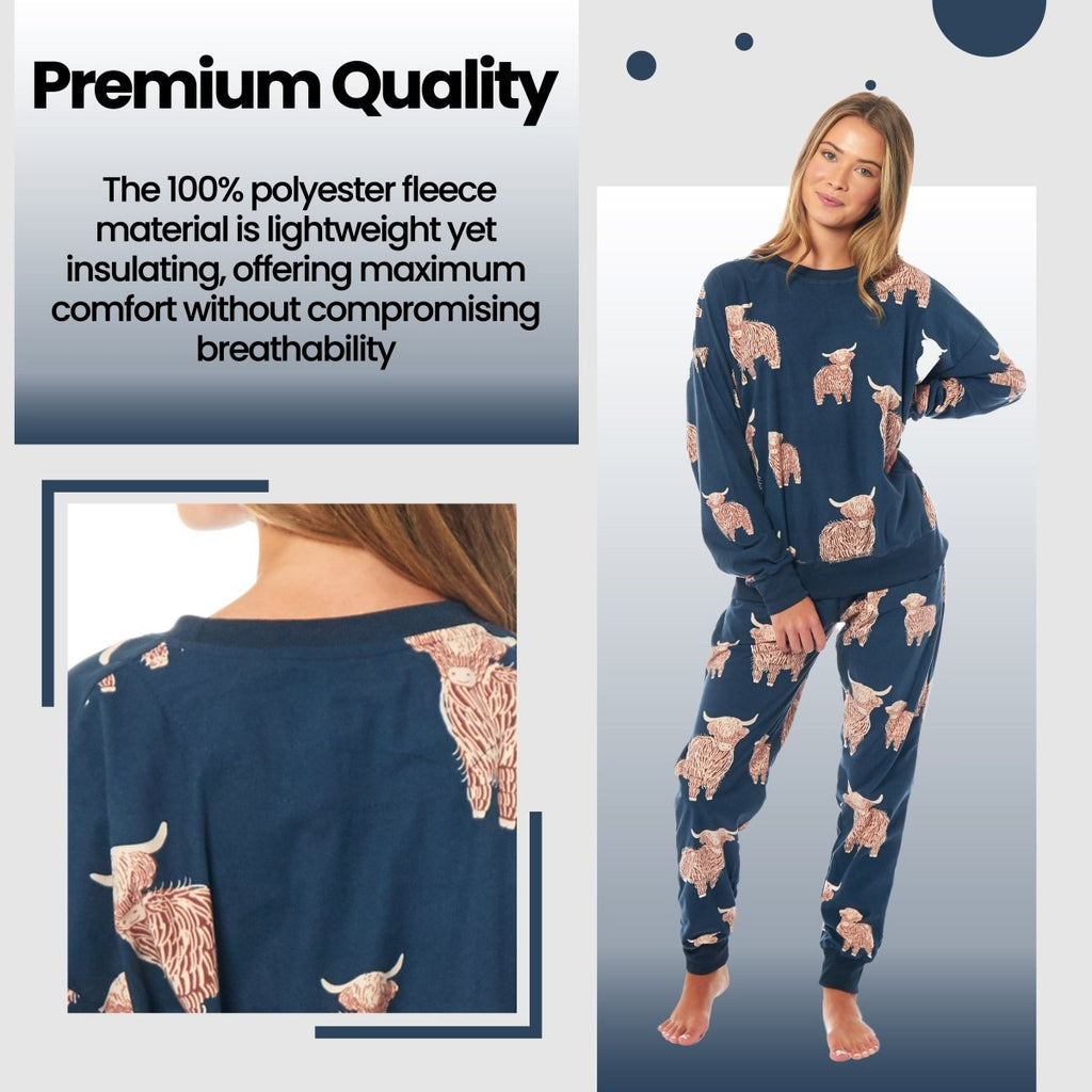 OLIVIA ROCCO Women's Fleece Pyjama Set Highland Cow Print Long Sleeve Soft Warm Sleepwear - Joe’s Haven