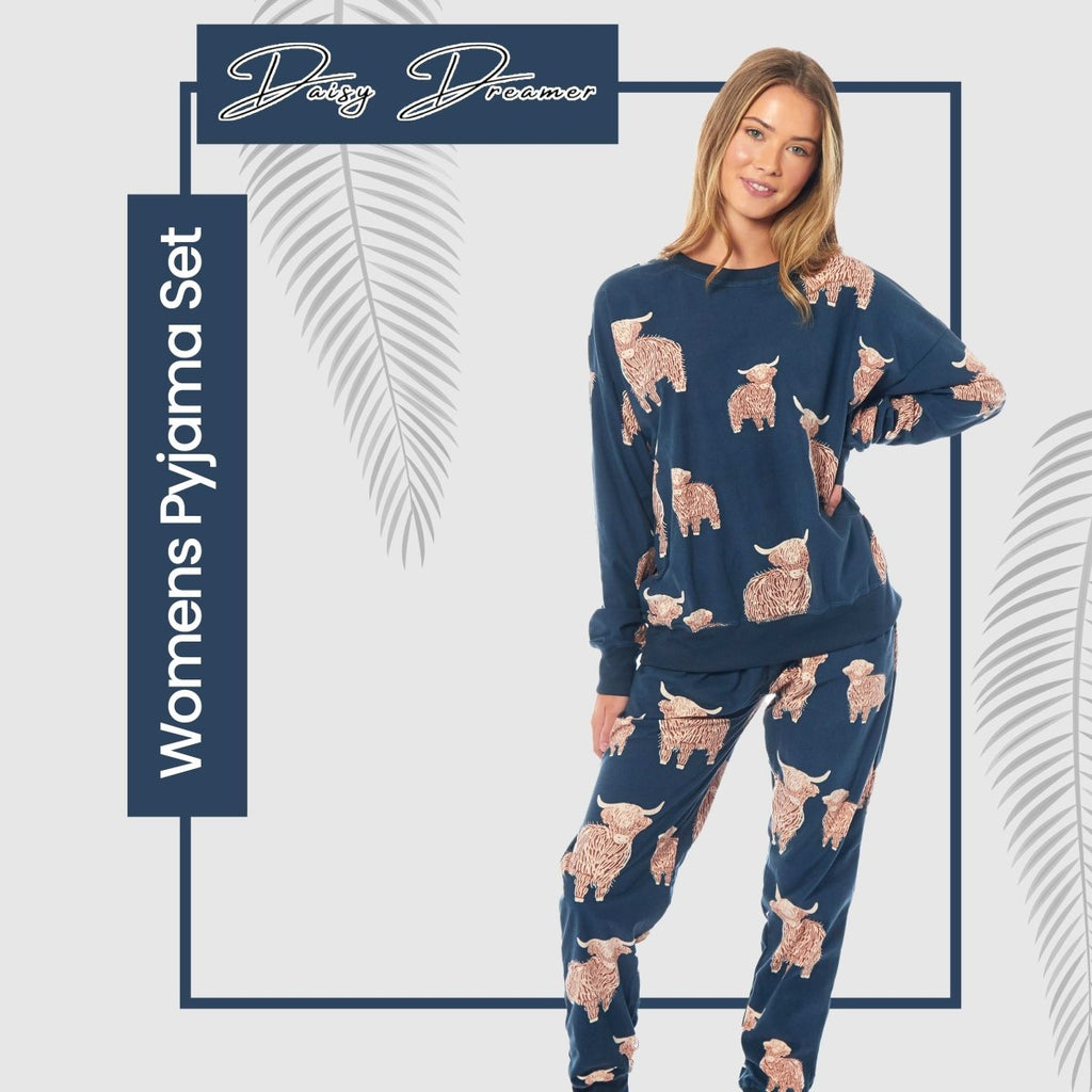 OLIVIA ROCCO Women's Fleece Pyjama Set Highland Cow Print Long Sleeve Soft Warm Sleepwear - Joe’s Haven