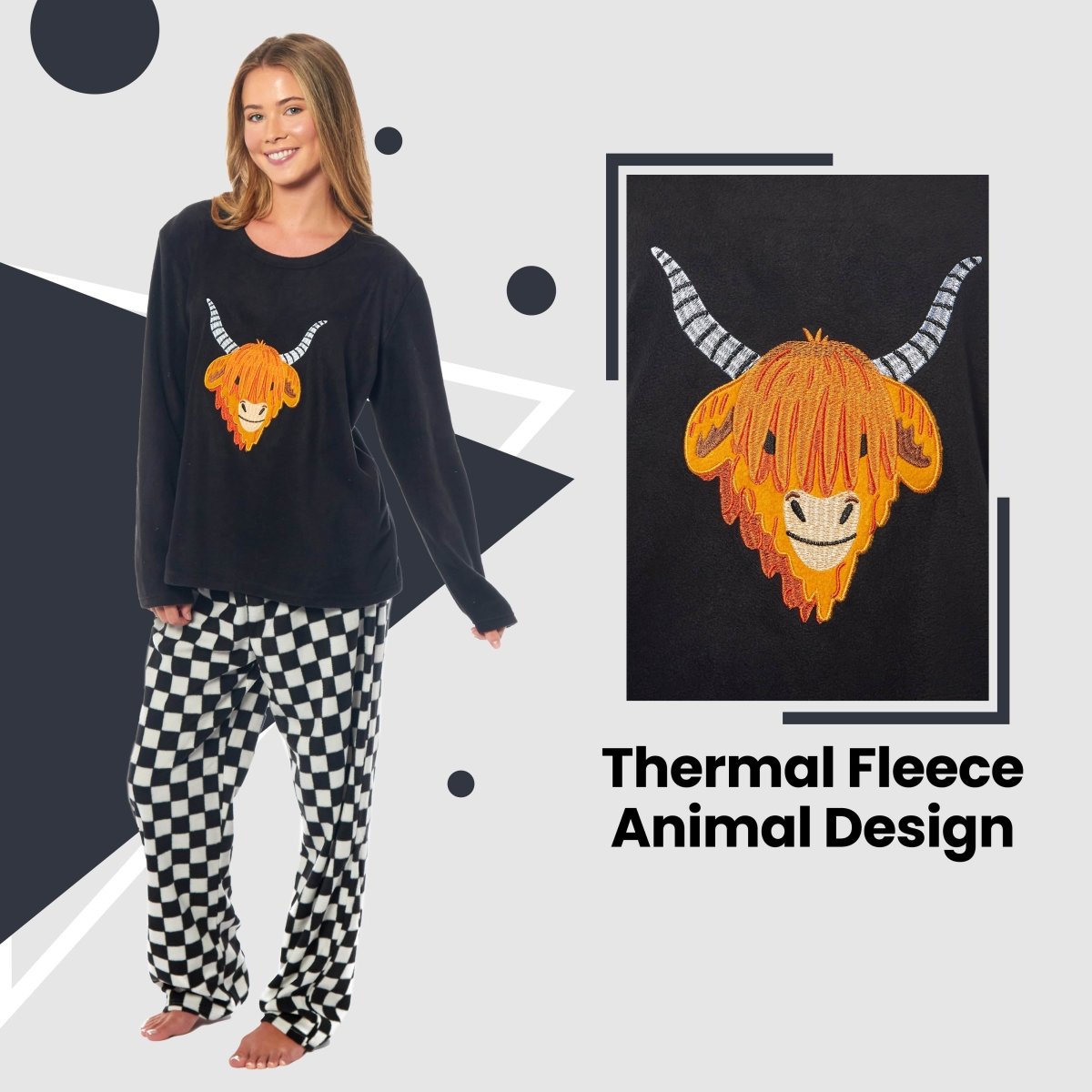 OLIVIA ROCCO Womens Thermal Fleece Pyjamas Set Highland Cow Animal Print Winter Super Soft Cosy Home Loungewear - Joe’s Haven
